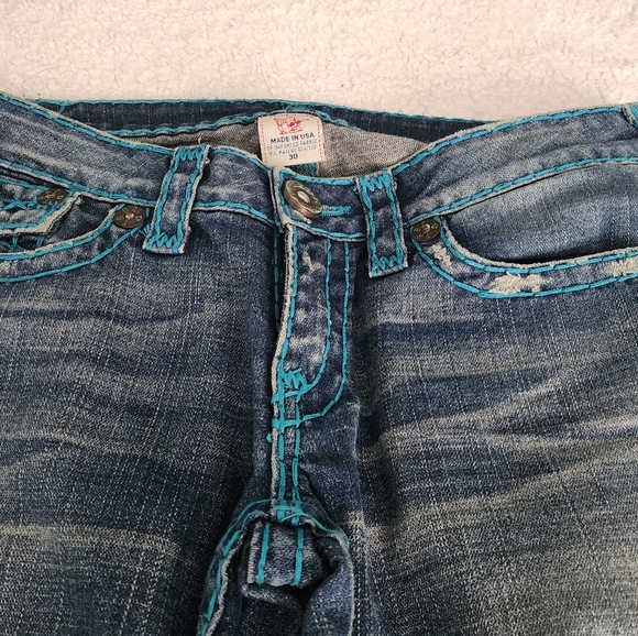 True Religion low rise boot cut jeans with turquoise stitching, distressed style - Picture 2 of 6